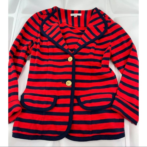 Cabi Women Sz S Red Navy Nautical Striped Knit Blazer Jacket Gold Anchor Buttons - Picture 5 of 10